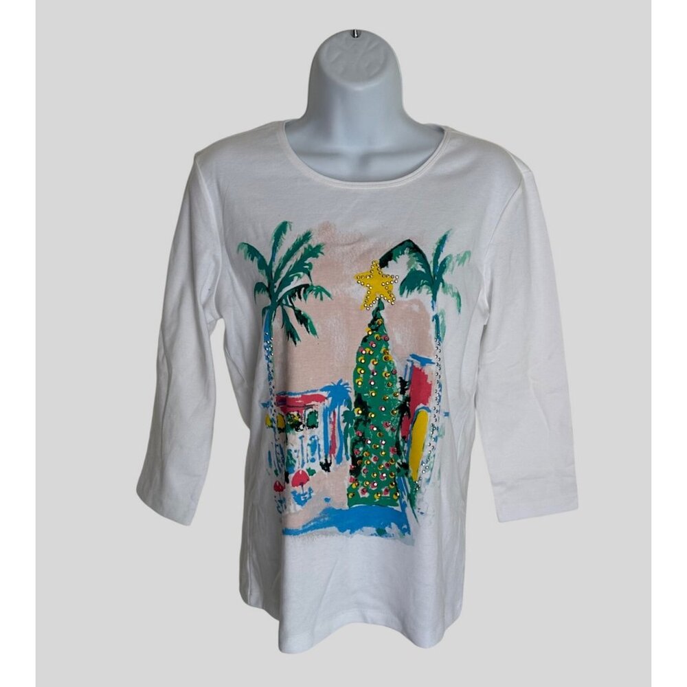Karen Scott Women's Petite Christmas Graphic Tee Shirt Cotton Polyester White PP - Picture 4 of 9